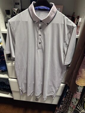 Greyson Men’s White Polo with Thin Gray Stripes